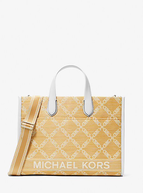 Shop Michael Kors Gigi Large Empire Logo Jacquard Straw Tote Bag In Natural