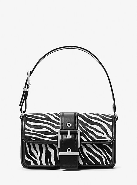 Shop Michael Kors Colby Medium Zebra Print Calf Hair Shoulder Bag In Black