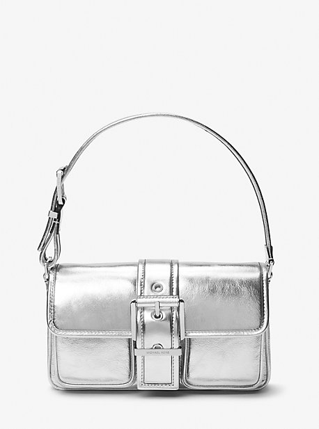 Shop Michael Kors Colby Medium Metallic Leather Shoulder Bag In Silver