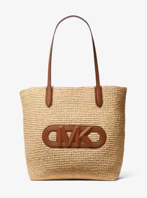 Michael Kors Eliza Extra-large Empire Logo Straw Tote Bag In Brown