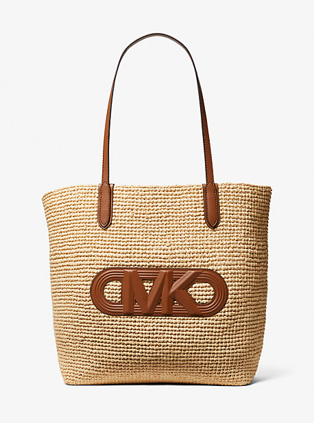 Michael Kors Eliza Extra-large Empire Logo Straw Tote Bag In Brown