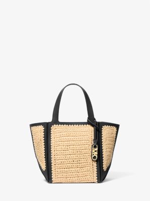 Jordi Small Hand-Crocheted Straw and Leather Tote Bag image number 0