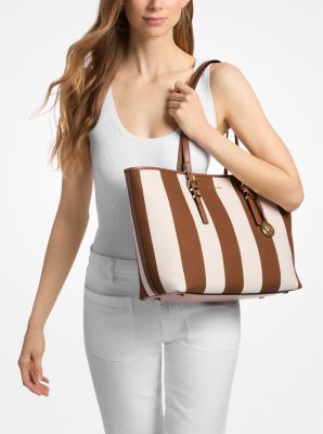 Quinn Large Striped Canvas Tote Bag in LUGGAGE | Michael Kors