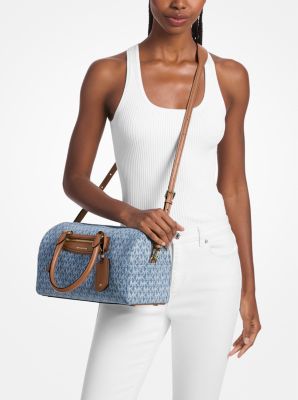 Jet Set Travel Medium Signature Logo Print Denim Duffel Crossbody Bag in NEW HORIZON | Michael Kors