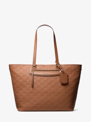 Jet Set Travel Extra-Large Logo Embossed Leather Tote Bag in LUGGAGE | Michael Kors