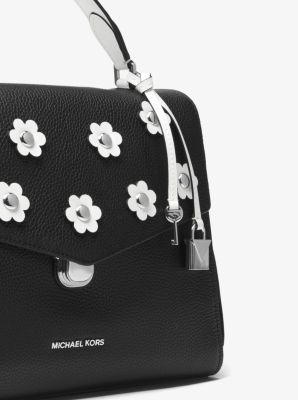 Michael Kors Black & White Floral Applique Leather Shoulder Strap