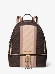 Rhea Medium Striped Logo and Leather Backpack - BROWN/FAWN - 30S9GEZB8B