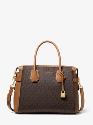 Michael Kors Medium Mercer Belted Brown & Soft Pink Logo Satchel