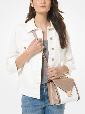 whitney large denim logo and leather tote