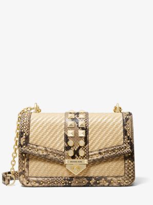 SoHo Large Studded Snake Embossed Leather and Straw Shoulder Bag