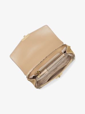 SoHo Large Studded Snake Embossed Leather and Straw Shoulder Bag