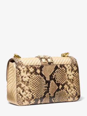 SoHo Large Studded Snake Embossed Leather and Straw Shoulder Bag