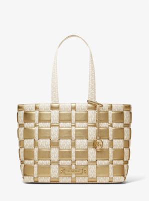 Ivy Large Woven Metallic and Logo Tote Bag image number 0