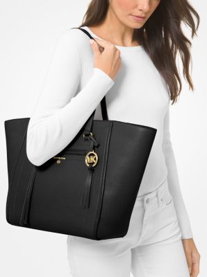 Michael Kors Black Leather Medium Front Zip Chain Tote