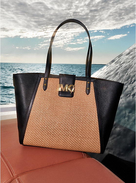 Karlie Large Straw and Pebbled Leather Tote Bag image number 3