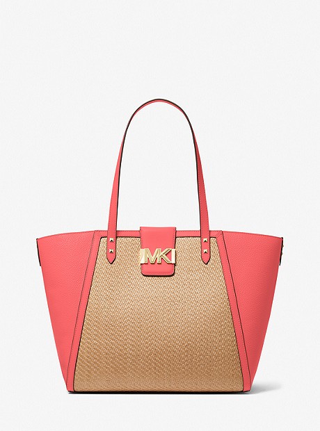Karlie Large Straw and Pebbled Leather Tote Bag - DAHLIA - 30T2GCDT3W