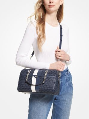 Grayson Small Logo Embossed Patent Duffel Crossbody Bag