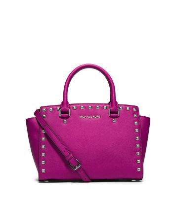 Selma Medium Studded Saffiano Leather Satchel