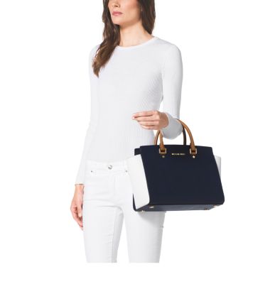 michael kors selma large white black top zip leather satchel dust