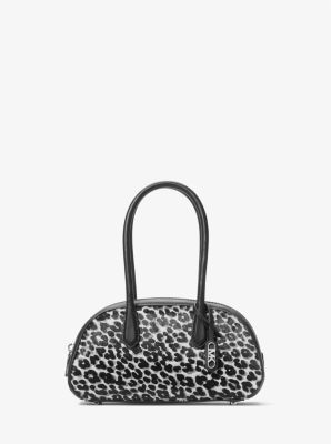 Shop Michael Kors Lulu Small Leopard Print Calf Hair Satchel In Black