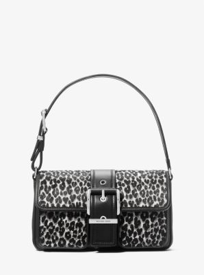 Shop Michael Kors Colby Medium Leopard Print Calf Hair Shoulder Bag In Black