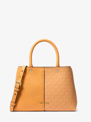 MICHAEL KORS FLORA MEDIUM SIGNATURE LOGO AND LEATHER SATCHEL 