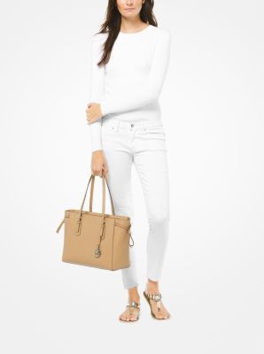 Michael Michael Kors Women's Voyager Medium Crossgrain Leather Tote Bag, Buttermilk Multi
