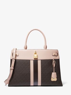 Gramercy Large Striped Leather and Logo Satchel