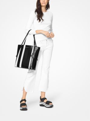 Striped leather tote clearance bag