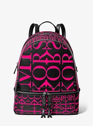 Rhea Medium Newsprint Logo Leather Backpack - BLACK/NEON PINK - 30T9UEZB2Y