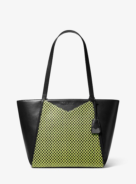 Whitney Large Checkerboard Logo Leather Tote Bag - BLACK/NEON YELLOW - 30T9UWHT3R