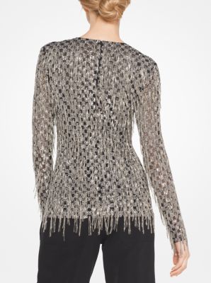 Fringed Sequined Stretch-Tulle Top
