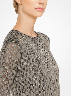 Fringed Sequined Stretch-Tulle Top