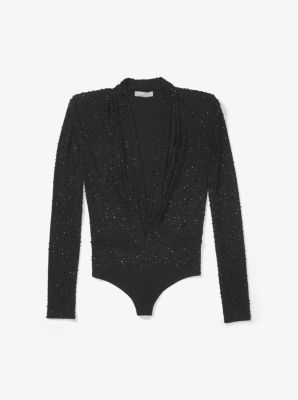 Crystal-Embroidered Matte-Jersey Plunge Bodysuit in BLACK | Michael Kors