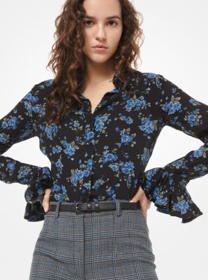 Michael Kors Floral Crushed Silk-georgette Blouse In Blue | ModeSens