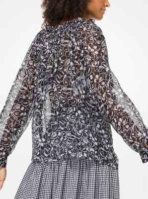 Painterly Floral Silk-Chiffon Peasant Blouse