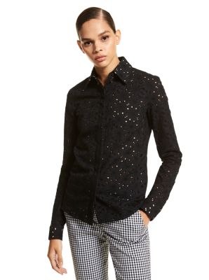 Hansen Floral Eyelet Stretch Cotton Shirt in BLACK | Michael Kors