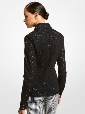 Hansen Floral Eyelet Stretch Cotton Shirt in NEGRO | Michael Kors