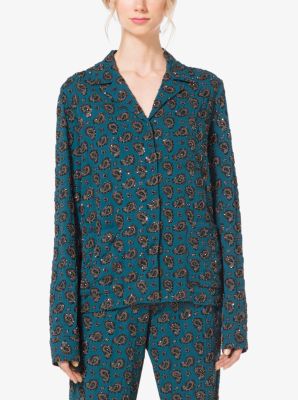Gem-Embroidered Paisley Georgette Pajama Shirt