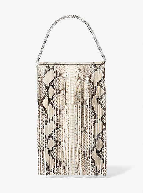 Michael Kors Ali Fringed Python Embossed Leather Clutch In Natural