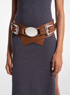 double buckle belt in crocodile-embossed leather