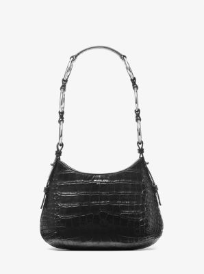 MK Bardot Mini Crocodile Embossed Leather Hobo Shoulder Bag - Black - Michael Kors MICHAEL KORS COLLECTION