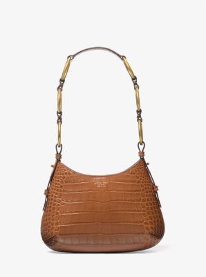 Mk Bardot Mini Crocodile Embossed Patent Leather Hobo Shoulder Bag - Brown - Michael Kors