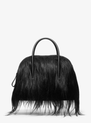 Michael Kors Kaitlin Large Long Haired Shearling Dome Satchel In Black