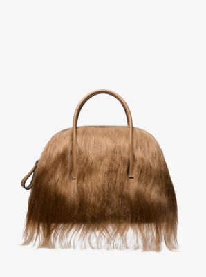 Michael Kors Kaitlin Large Long Haired Shearling Dome Satchel In Brown
