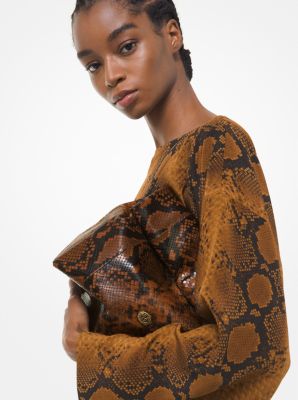 Monogramme Python Embossed Lunch Bag Clutch in CHESTNUT | Michael Kors