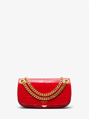 Chloe C Shiny & Suede Crocodile Embossed Leather Clutch With Chain