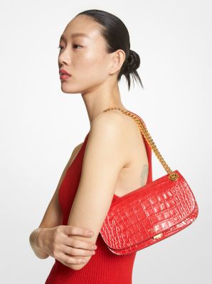 Croc-Embossed Shoulder Bag with Push Lock