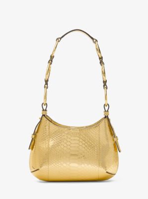 Mini-sac bohème porté épaule Bardot en cuir métallisé effet python en relief