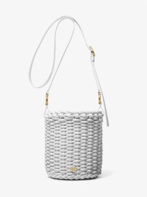 Shop Michael Kors Julie Large Woven Leather Bucket Bag In White